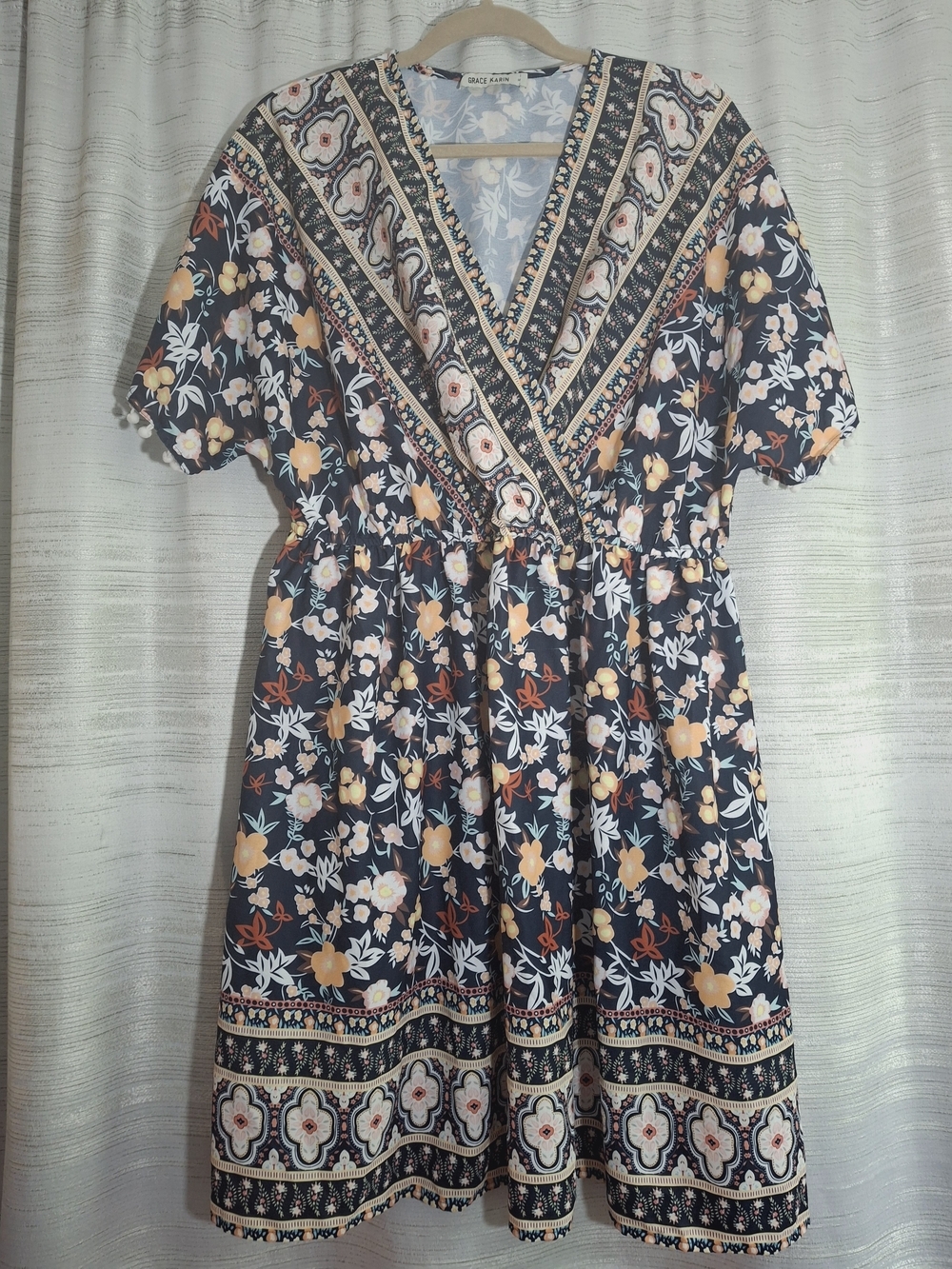 Grace Karin Navy Floral Wrap Mini Dress with Cream and Yellow Blooms